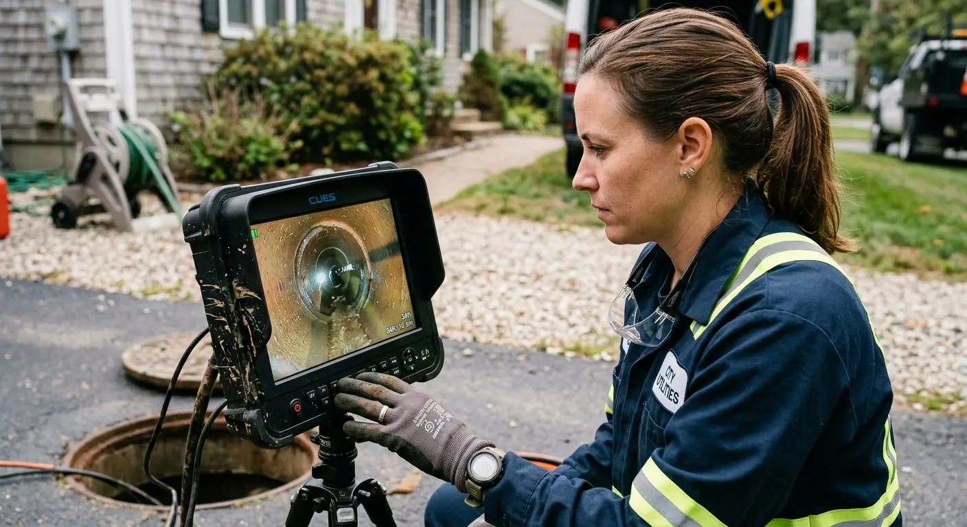 Technician reviewing sewer camera inspection footage in Cameron Park